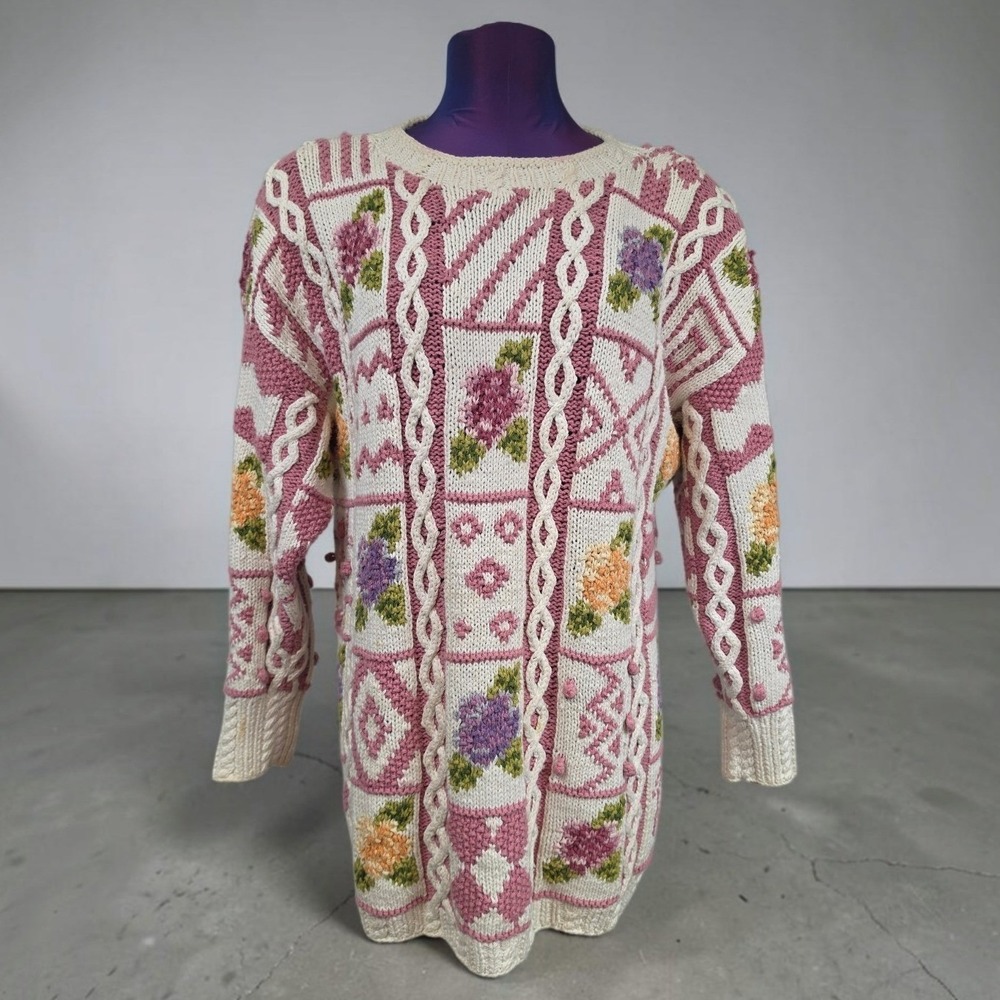 Vintage Jennifer Reed Hand Knitted Floral Cable Knit Sweater Pink Cream Ramie L